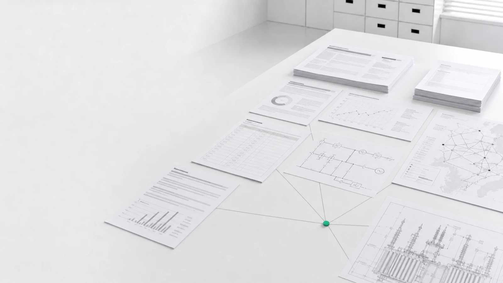 Energy determinations, connection-queue sheets, HVDC schematics, finance memos and grid maps converging on a green decision node